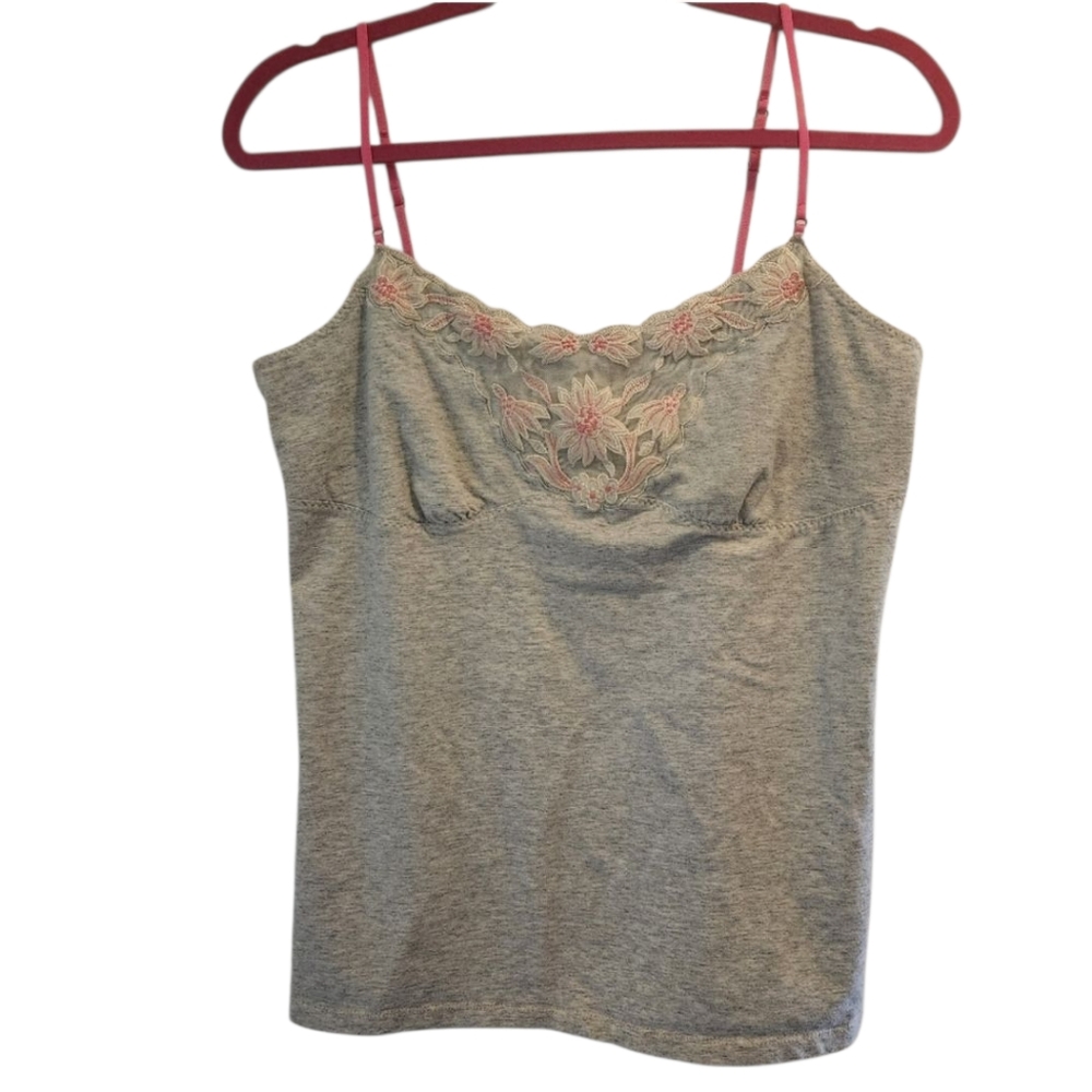 American Eagle Y2K Vintage Gray Camisole Top Pink Floral Embroidery